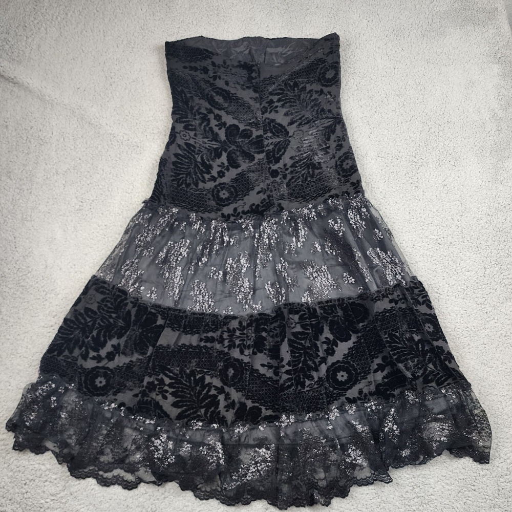Ruth Dress 8 Black Tiered Burnout Velvet Midi Y2K Strapless Goth Lace Silk Fairy